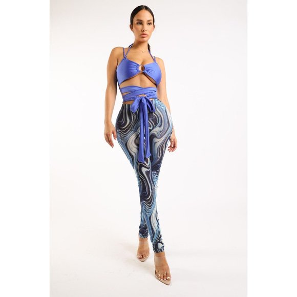 Women's Strappy Top and Print Mesh Leggings Set O Ring 2 Piece Outfits Clubwear - Picture 2 of 11